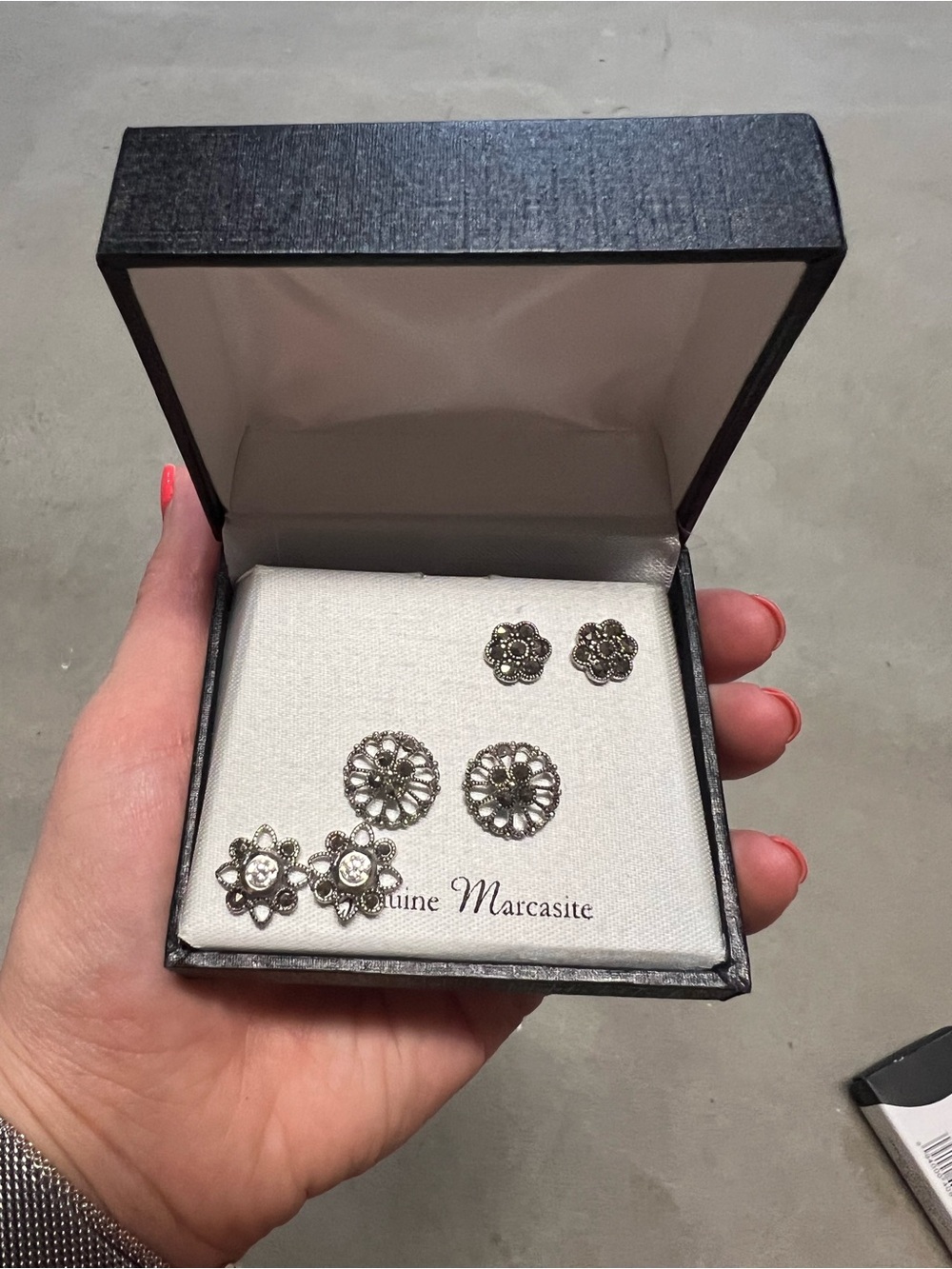 Genuine Marcasite Floral Stud Earring Set - Silver Tone